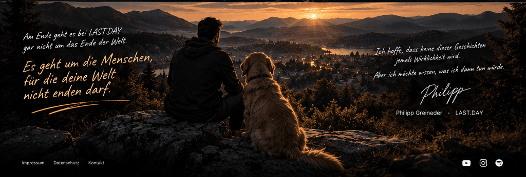 Philipp und Rigatoni blicken über eine Landschaft im Abendlicht