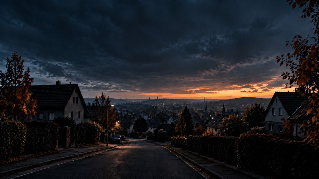 Wohnstraße bei Dämmerung, Blick ins Tal unter einem dunklen Himmel
