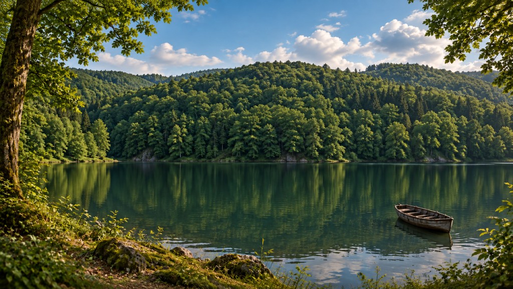 Ruhiger Waldsee mit einem kleinen Holzboot, Bäume spiegeln sich im Wasser